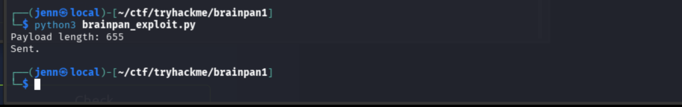 brainpan_exploit.py sending the payload to port 9999